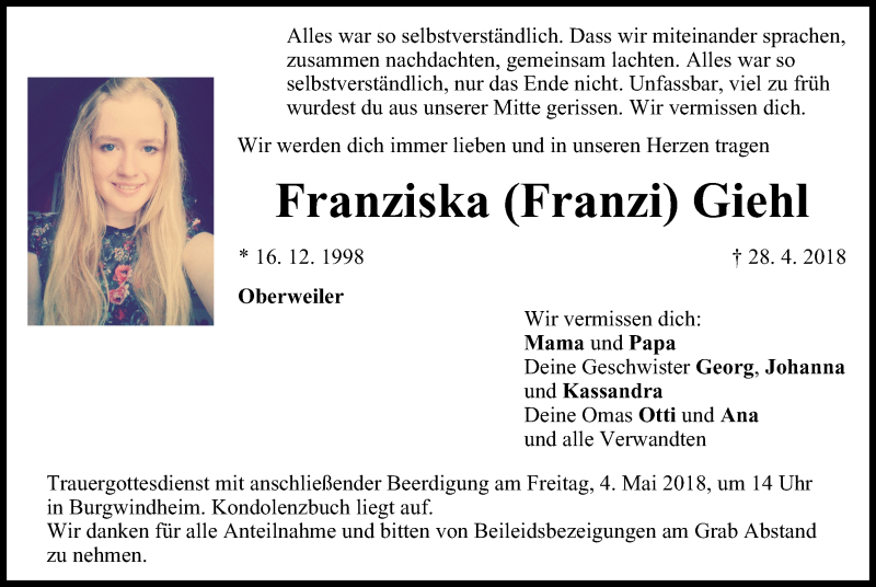  Traueranzeige für Franziska Giehl vom 03.05.2018 aus MGO