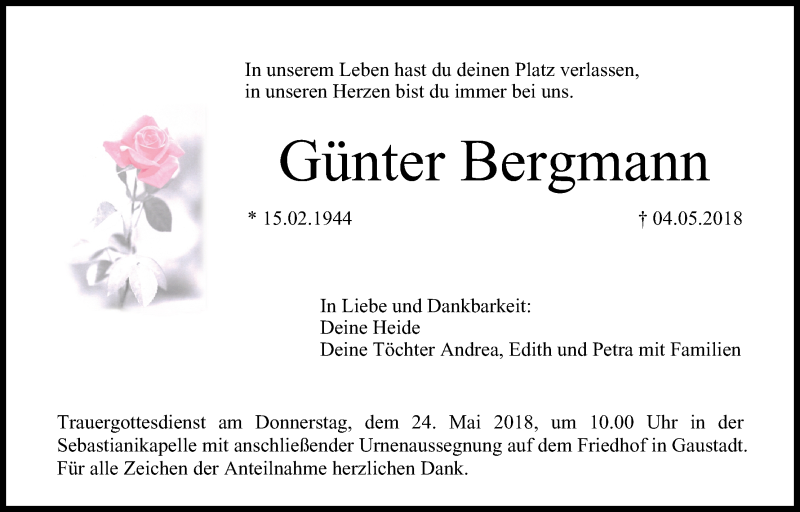  Traueranzeige für Günter Bergmann vom 19.05.2018 aus MGO