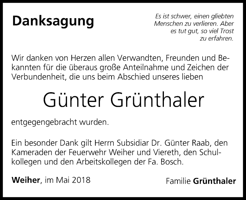  Traueranzeige für Günter Grünthaler vom 19.05.2018 aus MGO