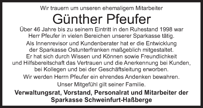  Traueranzeige für Günther Pfeufer vom 03.05.2018 aus MGO