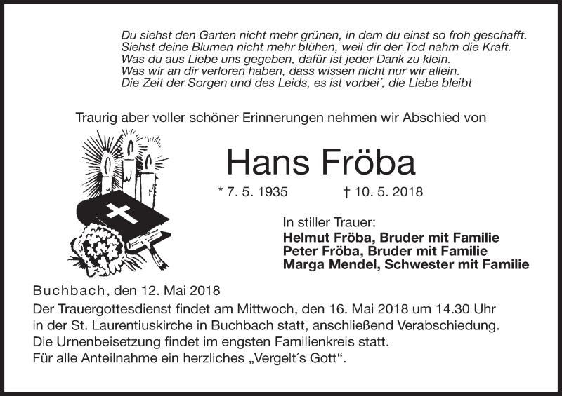  Traueranzeige für Hans Fröba vom 12.05.2018 aus MGO