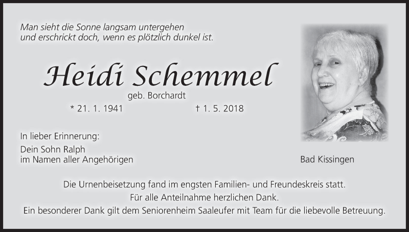  Traueranzeige für Heidi Schemmel vom 12.05.2018 aus MGO