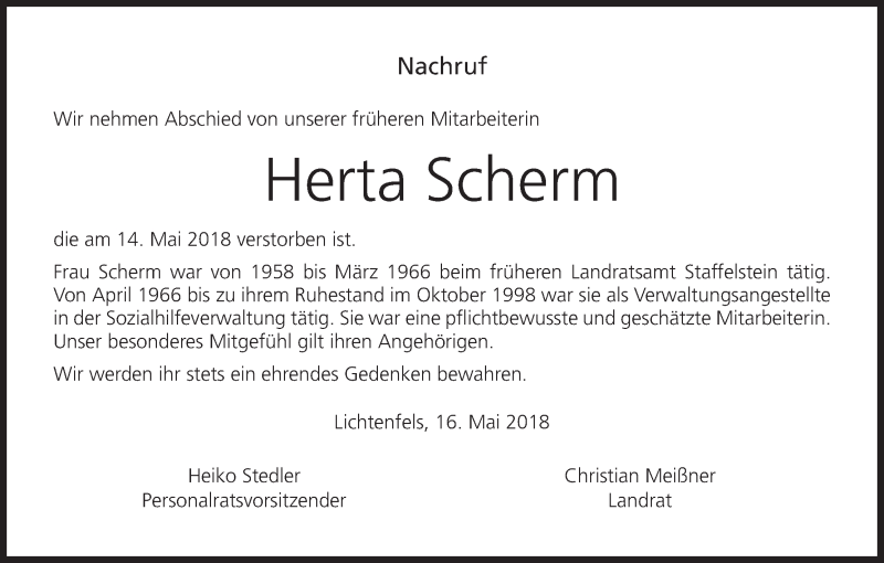  Traueranzeige für Herta Scherm vom 18.05.2018 aus MGO