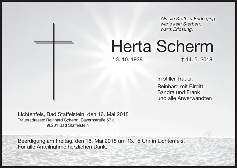  Traueranzeige für Herta Scherm vom 16.05.2018 aus MGO