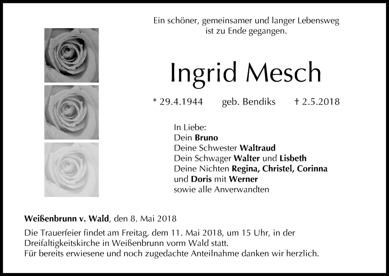  Traueranzeige für Ingrid Mesch vom 08.05.2018 aus MGO