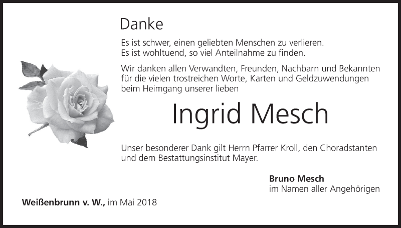  Traueranzeige für Ingrid Mesch vom 26.05.2018 aus MGO