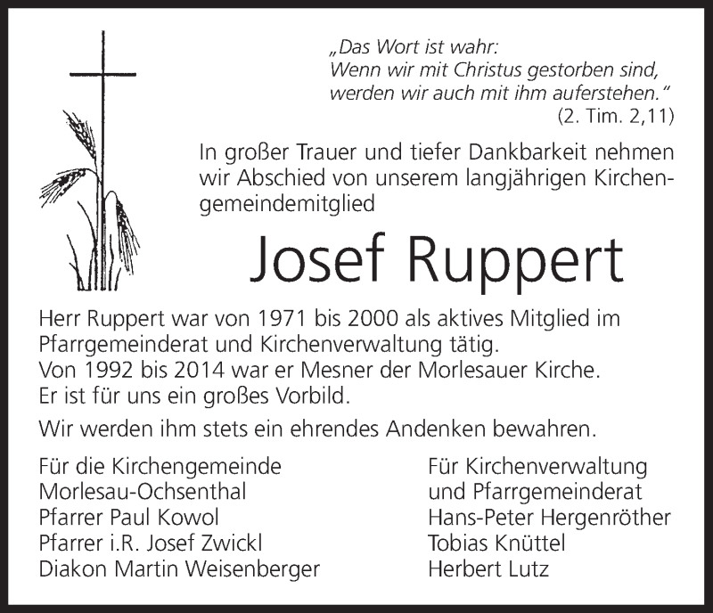  Traueranzeige für Josef Ruppert vom 25.05.2018 aus MGO