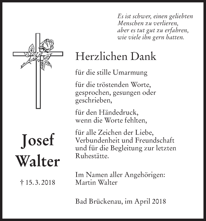 Traueranzeige für Josef Walter vom 03.05.2018 aus MGO