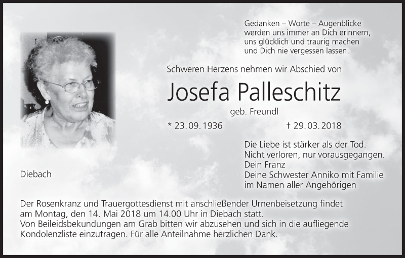  Traueranzeige für Josefa Palleschitz vom 07.05.2018 aus MGO