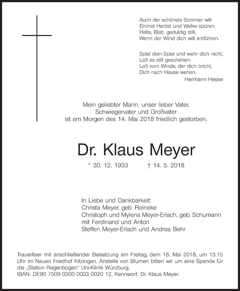  Traueranzeige für Klaus Meyer vom 16.05.2018 aus MGO
