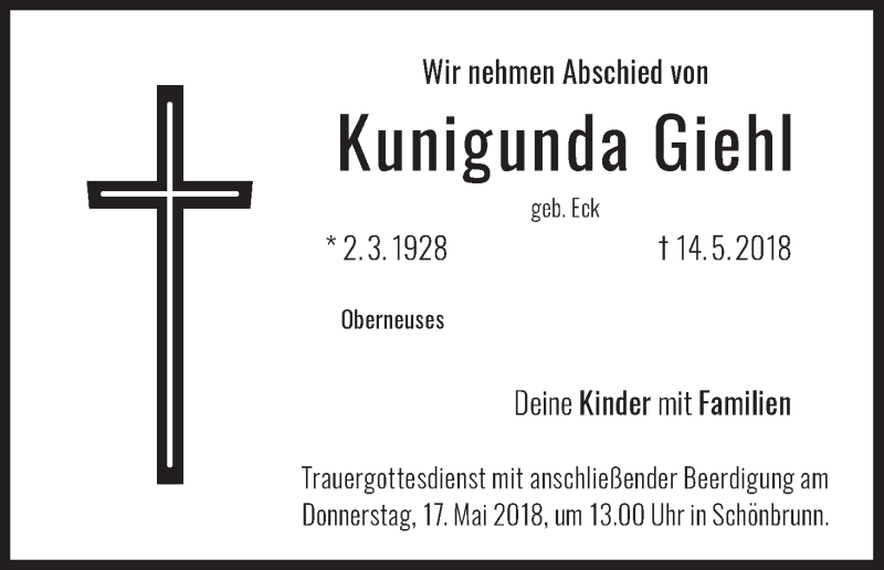  Traueranzeige für Kunigunda Giehl vom 16.05.2018 aus MGO