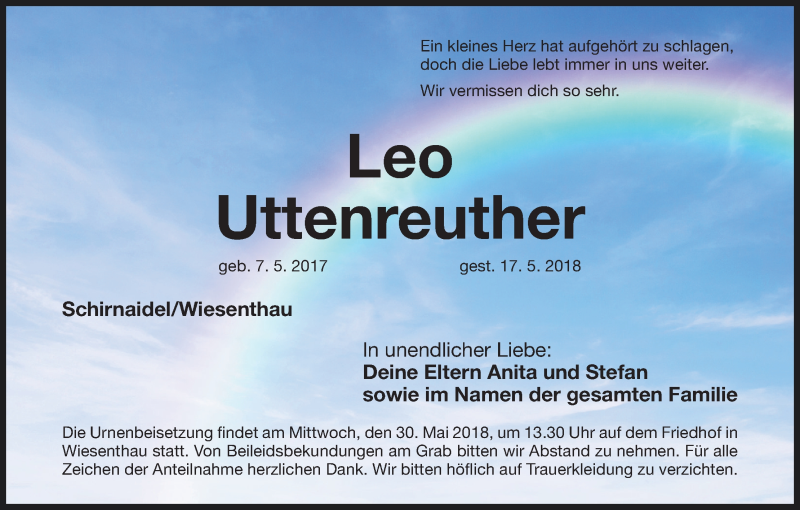  Traueranzeige für Leo Uttenreuther vom 26.05.2018 aus MGO