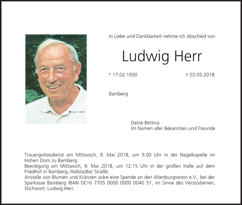  Traueranzeige für Ludwig Herr vom 05.05.2018 aus MGO