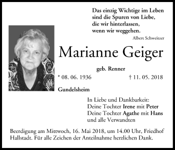 Marianne Geiger | Traueranzeige | trauer.inFranken.de