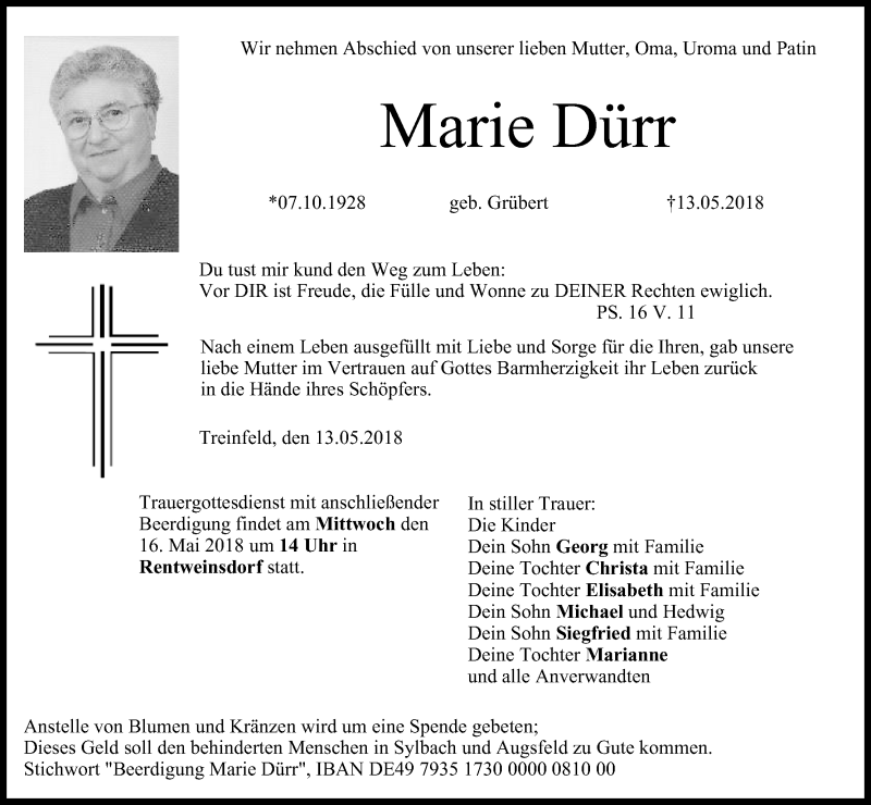  Traueranzeige für Marie Dürr vom 15.05.2018 aus MGO