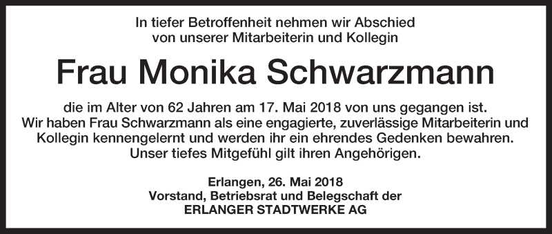  Traueranzeige für Monika Schwarzmann vom 26.05.2018 aus MGO