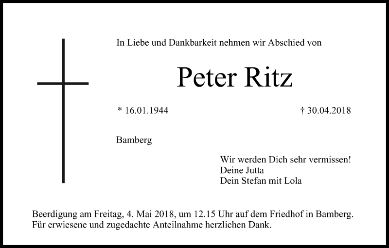  Traueranzeige für Peter Ritz vom 03.05.2018 aus MGO