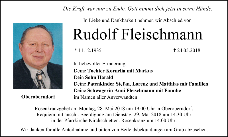  Traueranzeige für Rudolf Fleischmann vom 26.05.2018 aus MGO