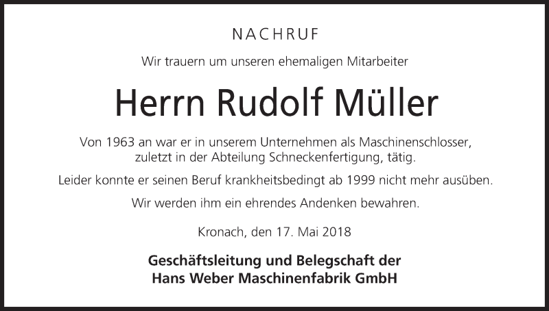  Traueranzeige für Rudolf Müller vom 17.05.2018 aus MGO