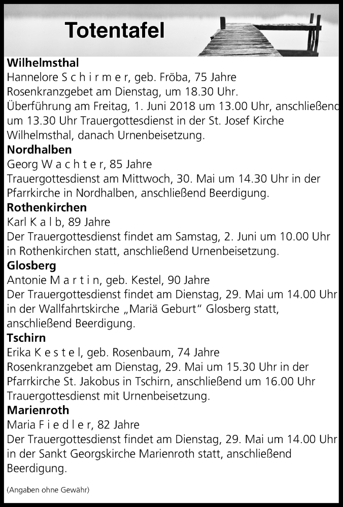  Traueranzeige für Totentafel vom 29.05.2018 vom 29.05.2018 aus MGO
