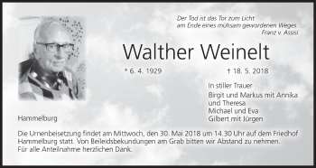 Anzeige von Walther Weinelt von MGO