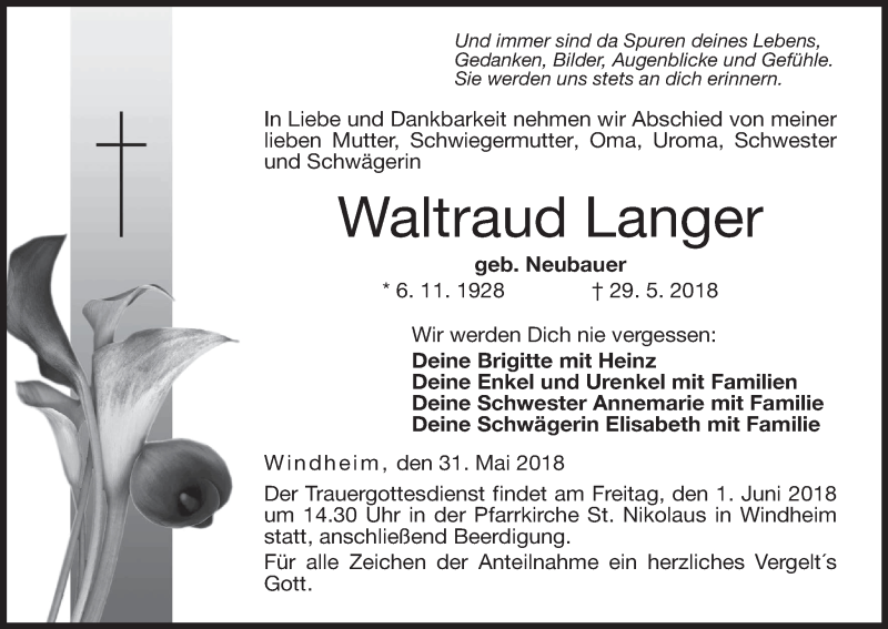  Traueranzeige für Waltraud Langer vom 31.05.2018 aus MGO