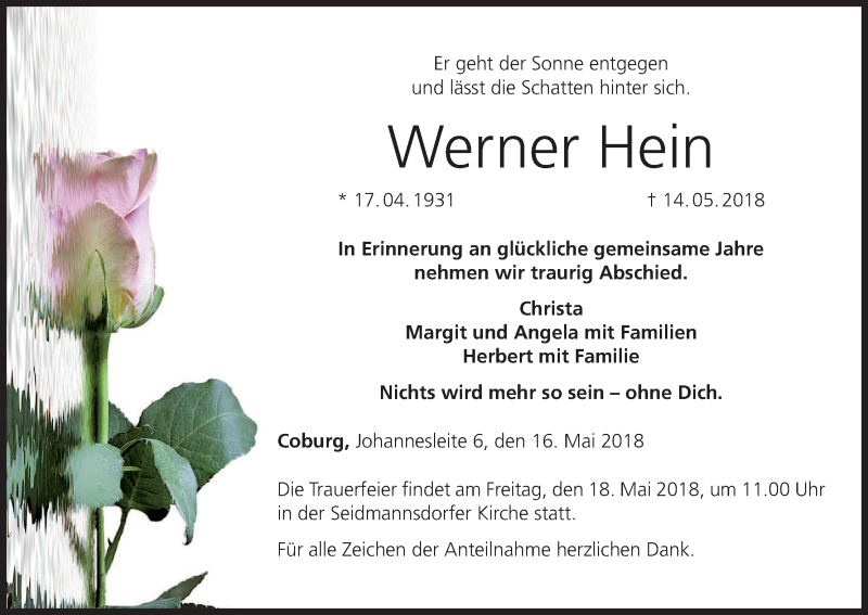  Traueranzeige für Werner Hein vom 16.05.2018 aus MGO