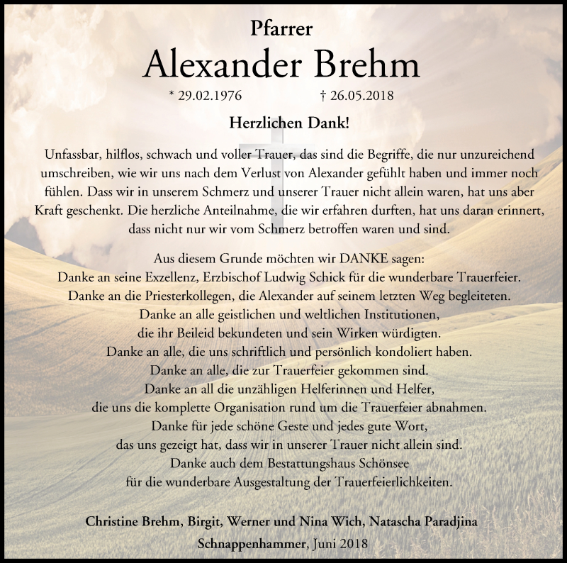  Traueranzeige für Alexander Brehm vom 16.06.2018 aus MGO