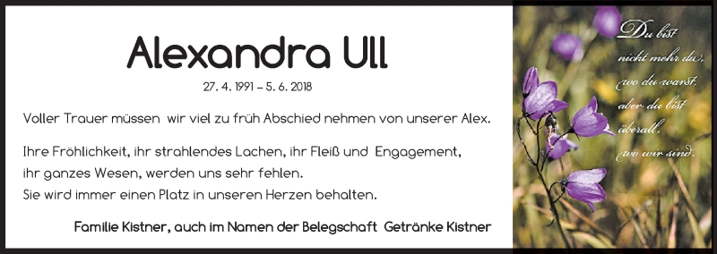  Traueranzeige für Alexandra Ull vom 09.06.2018 aus MGO