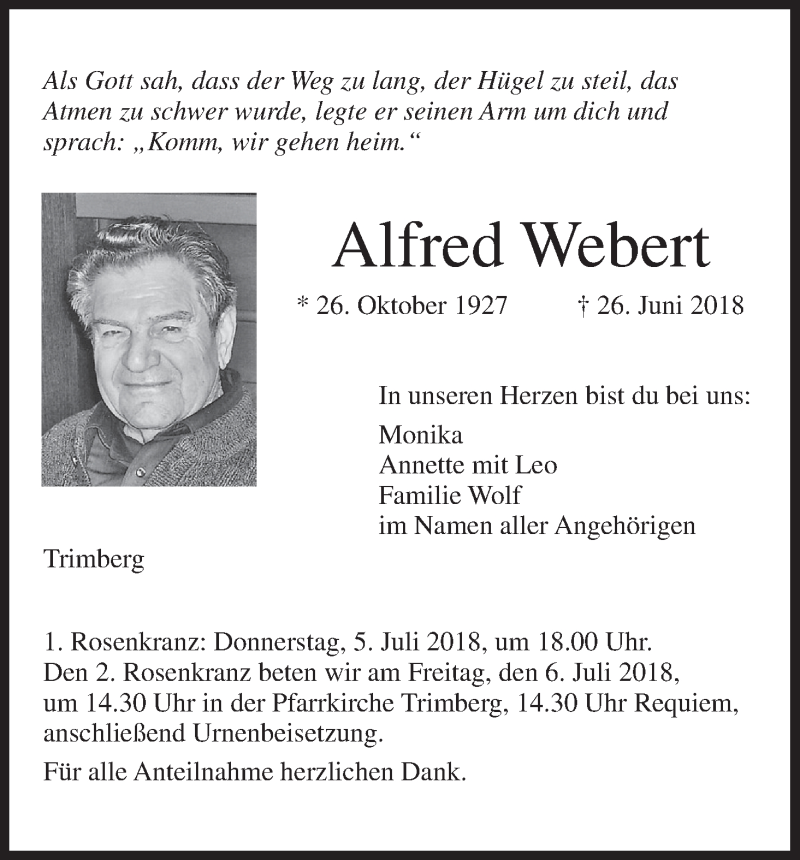  Traueranzeige für Alfred Webert vom 30.06.2018 aus MGO
