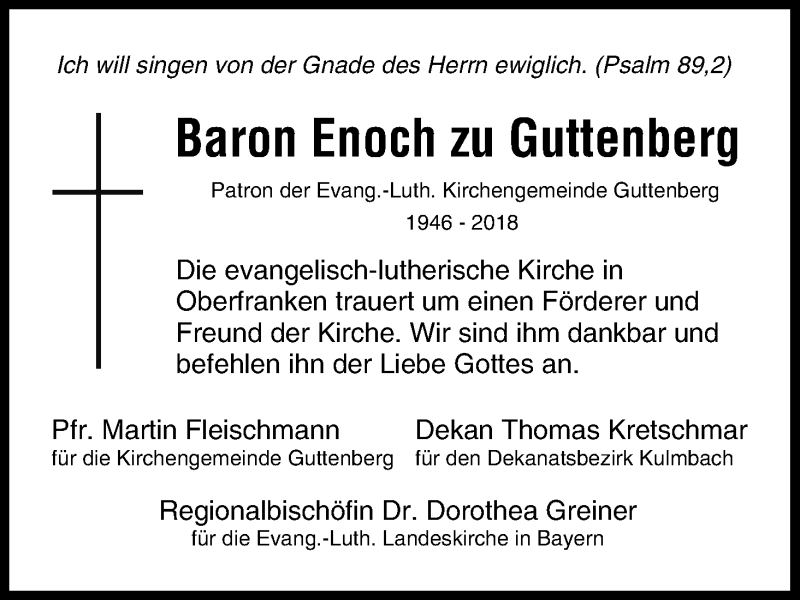  Traueranzeige für Georg Enoch Freiherr von und zu Guttenberg vom 22.06.2018 aus MGO