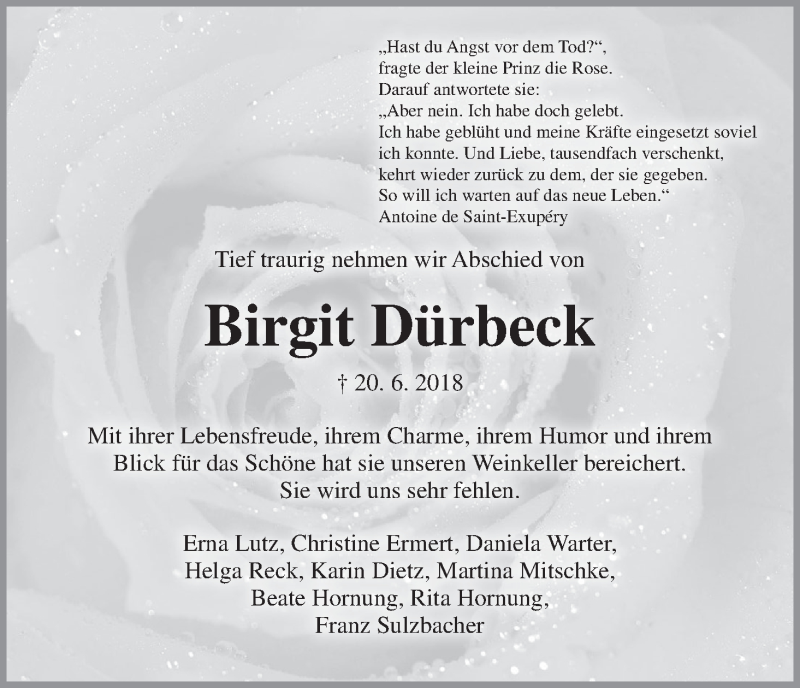  Traueranzeige für Birgit Dürbeck vom 30.06.2018 aus MGO