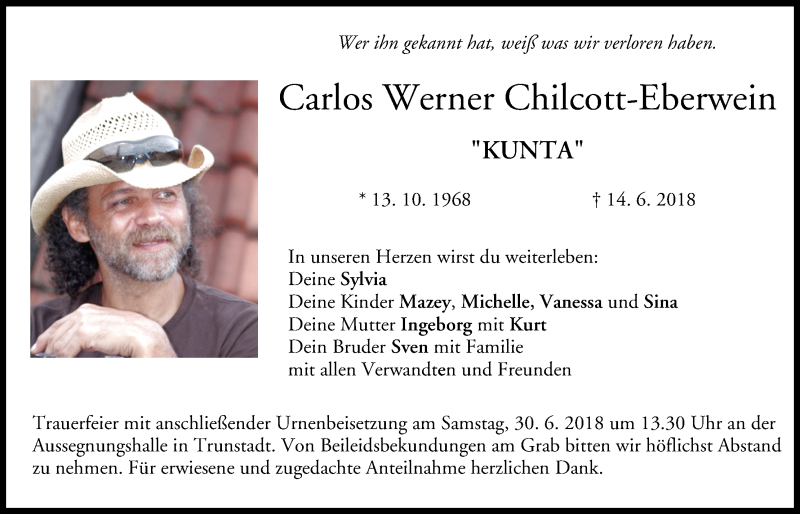  Traueranzeige für Carlos Werner Chilcott-Eberwein vom 23.06.2018 aus MGO