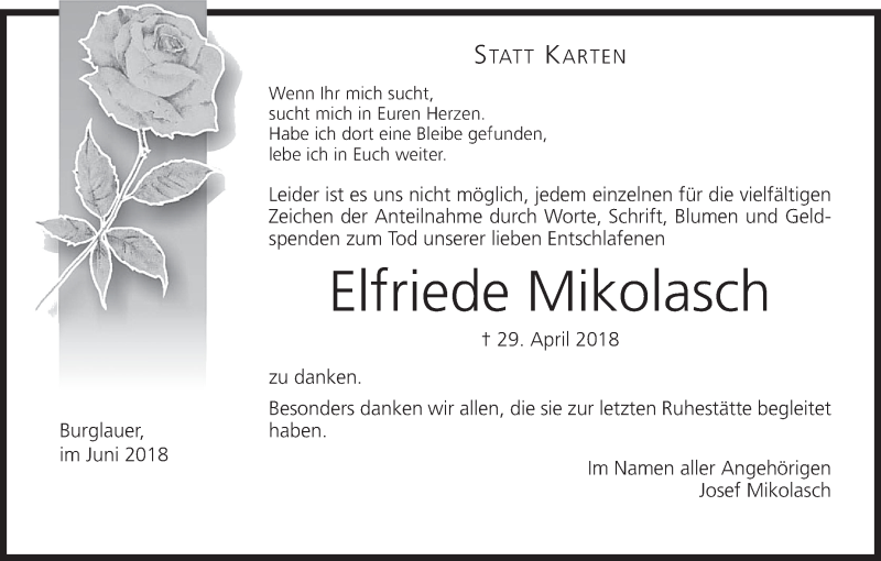  Traueranzeige für Elfriede Mikolasch vom 02.06.2018 aus MGO