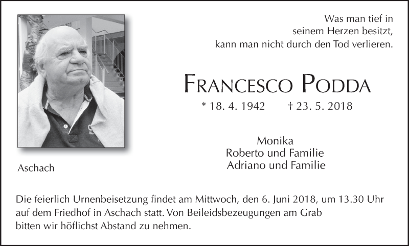  Traueranzeige für Francesco Podda vom 02.06.2018 aus MGO
