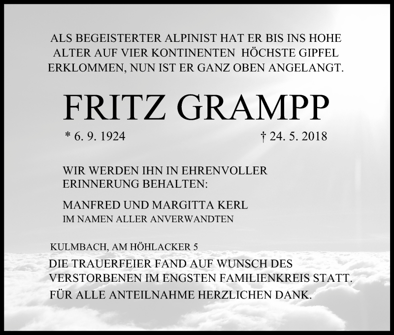 Traueranzeige für Fritz Grampp vom 16.06.2018 aus MGO