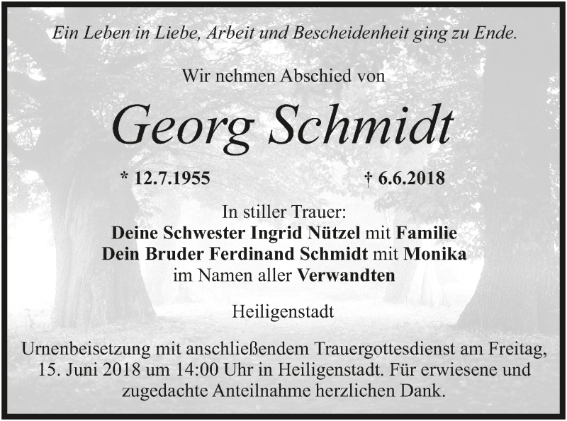 Traueranzeige für Georg Schmidt vom 12.06.2018 aus MGO