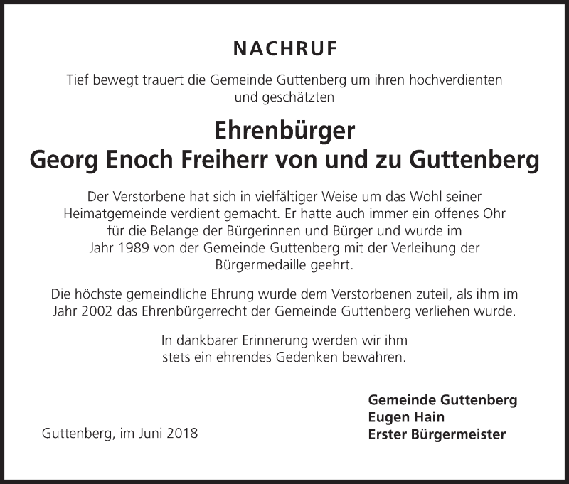  Traueranzeige für Georg Enoch Freiherr von und zu Guttenberg vom 21.06.2018 aus MGO