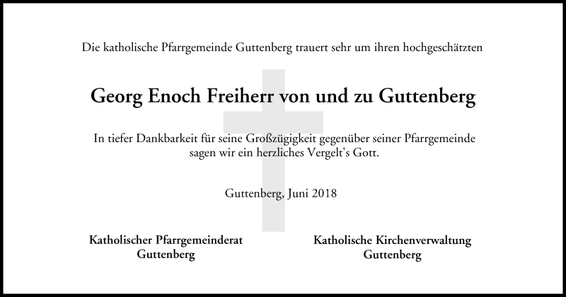  Traueranzeige für Georg Enoch Freiherr von und zu Guttenberg vom 23.06.2018 aus MGO
