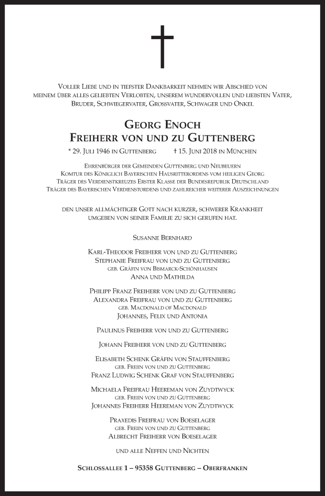  Traueranzeige für Georg Enoch Freiherr von und zu Guttenberg vom 20.06.2018 aus MGO