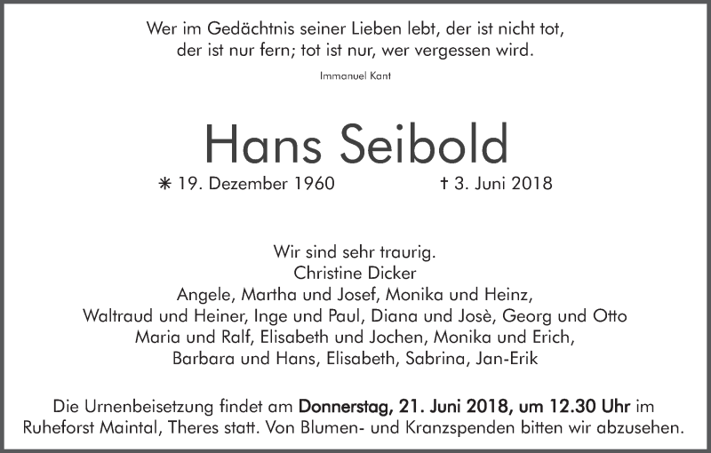  Traueranzeige für Hans Seibold vom 18.06.2018 aus MGO