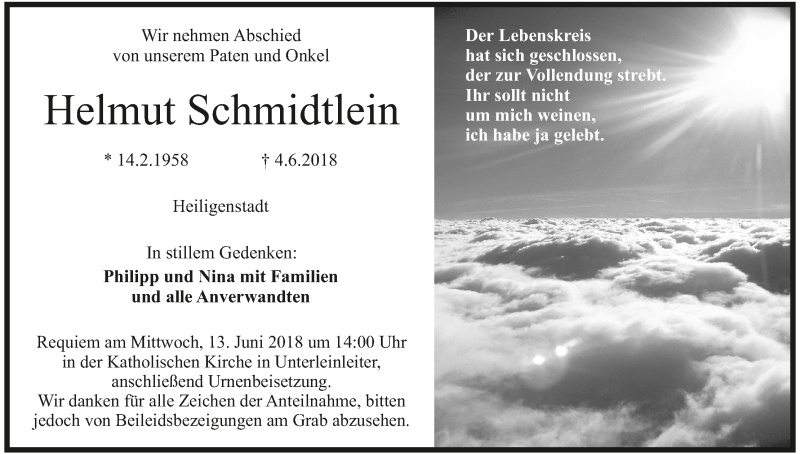  Traueranzeige für Helmut Schmidtlein vom 09.06.2018 aus MGO