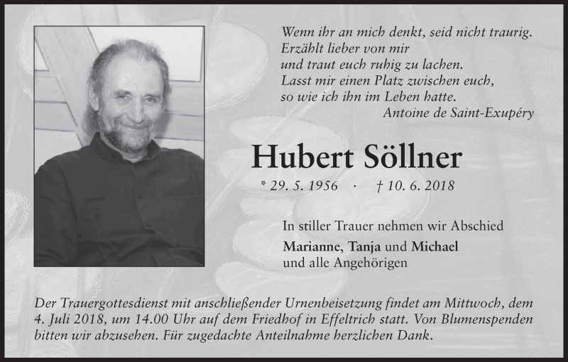  Traueranzeige für Hubert Söllner vom 29.06.2018 aus MGO