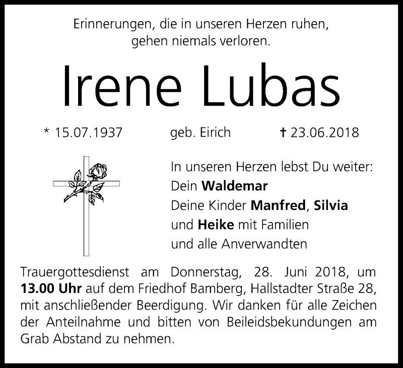  Traueranzeige für Irene Lubas vom 26.06.2018 aus MGO