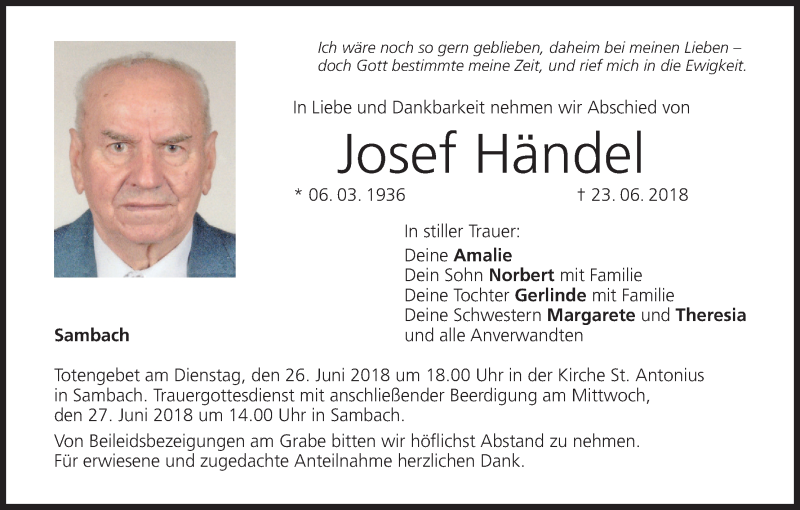  Traueranzeige für Josef Händel vom 25.06.2018 aus MGO