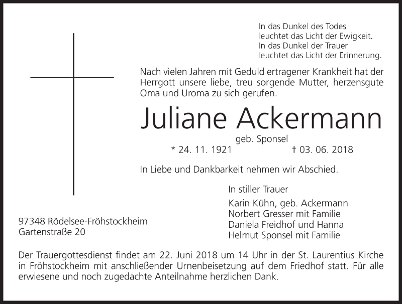  Traueranzeige für Juliane Ackermann vom 16.06.2018 aus MGO