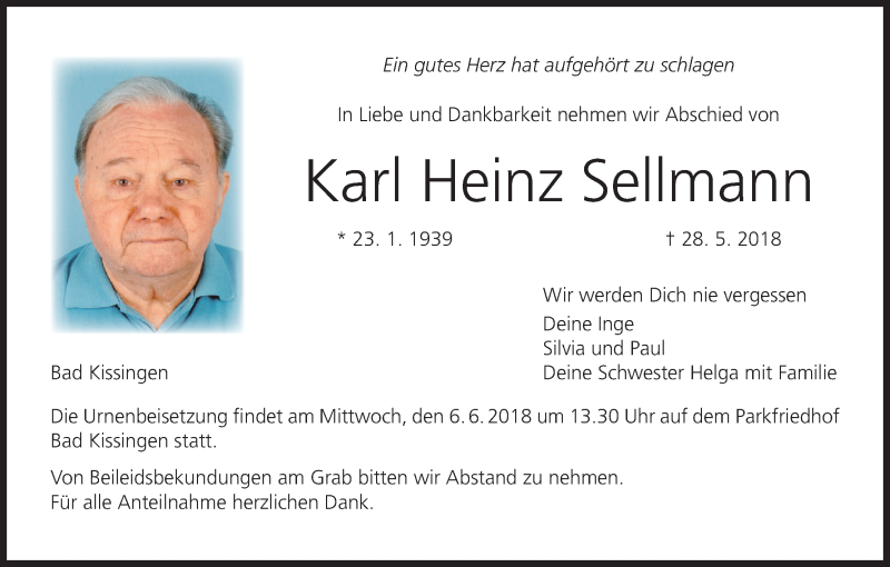  Traueranzeige für Karl Heinz Sellmann vom 02.06.2018 aus MGO