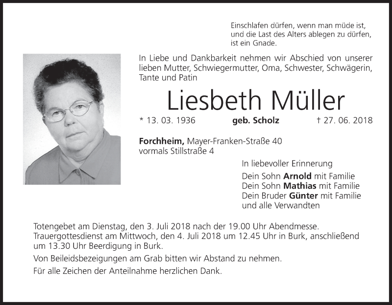  Traueranzeige für Liesbeth Müller vom 30.06.2018 aus MGO