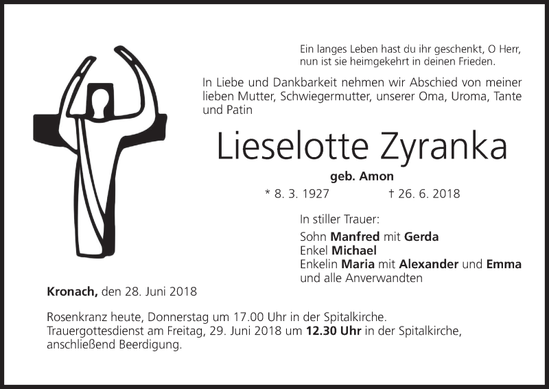  Traueranzeige für Lieselotte Zyranka vom 28.06.2018 aus MGO