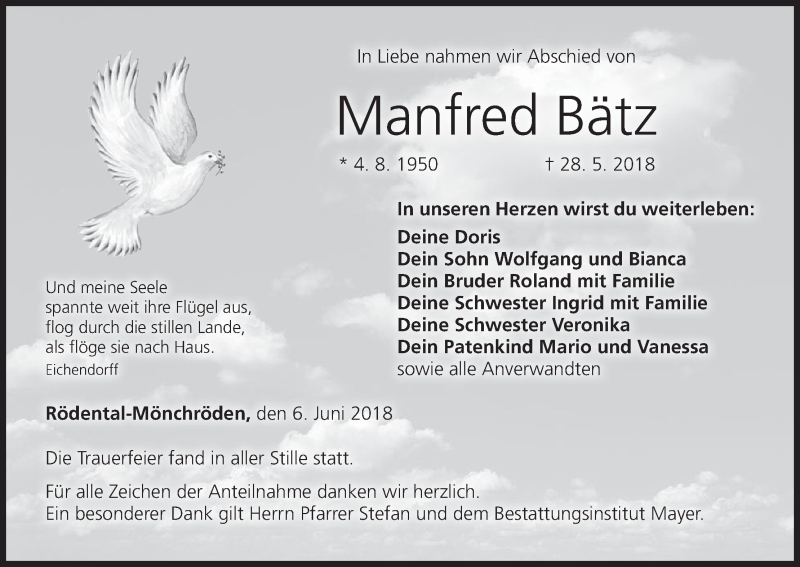  Traueranzeige für Manfred Bätz vom 06.06.2018 aus MGO